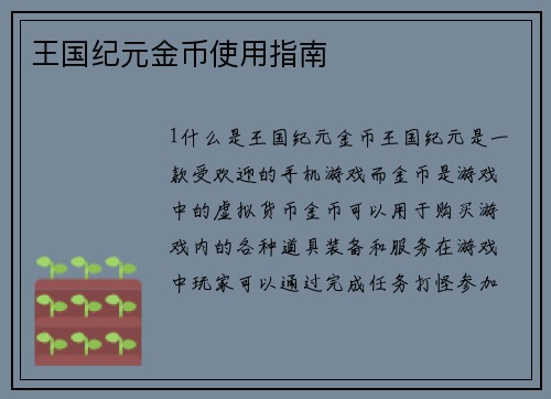 王国纪元金币使用指南